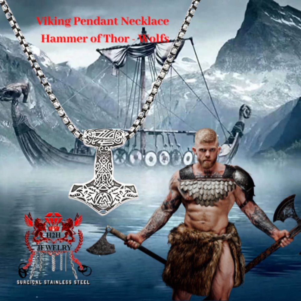 H2H JEWELRY Surgical Stainless Steel 316L Viking Pendant Necklace Odin Wolf